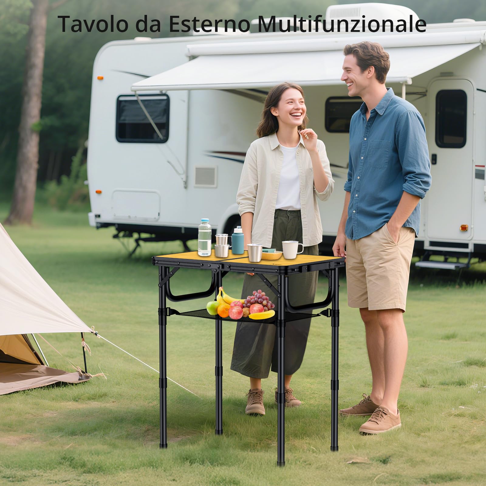 Anbte Tavolo Pieghevole da Campeggio Giardino,3 Regolabile In Altezza Portatile Tavolino da Caffè-58 * 40cm Effetto Legno Tavoli per Picnic/Spiaggia/Camera/Lavoro/Truccarsi