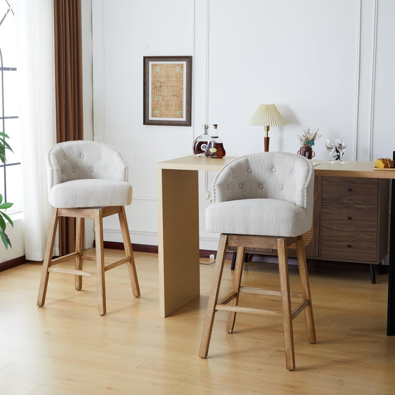 KEIKI 33.25" Swivel Counter Height Bar Stools Set of 2 for Kitchen Island, Upholstered Armless Barstools Chairs with Comfy Backrest and Footrest, Solid Rubber Wood Frame, Beige & Natural
