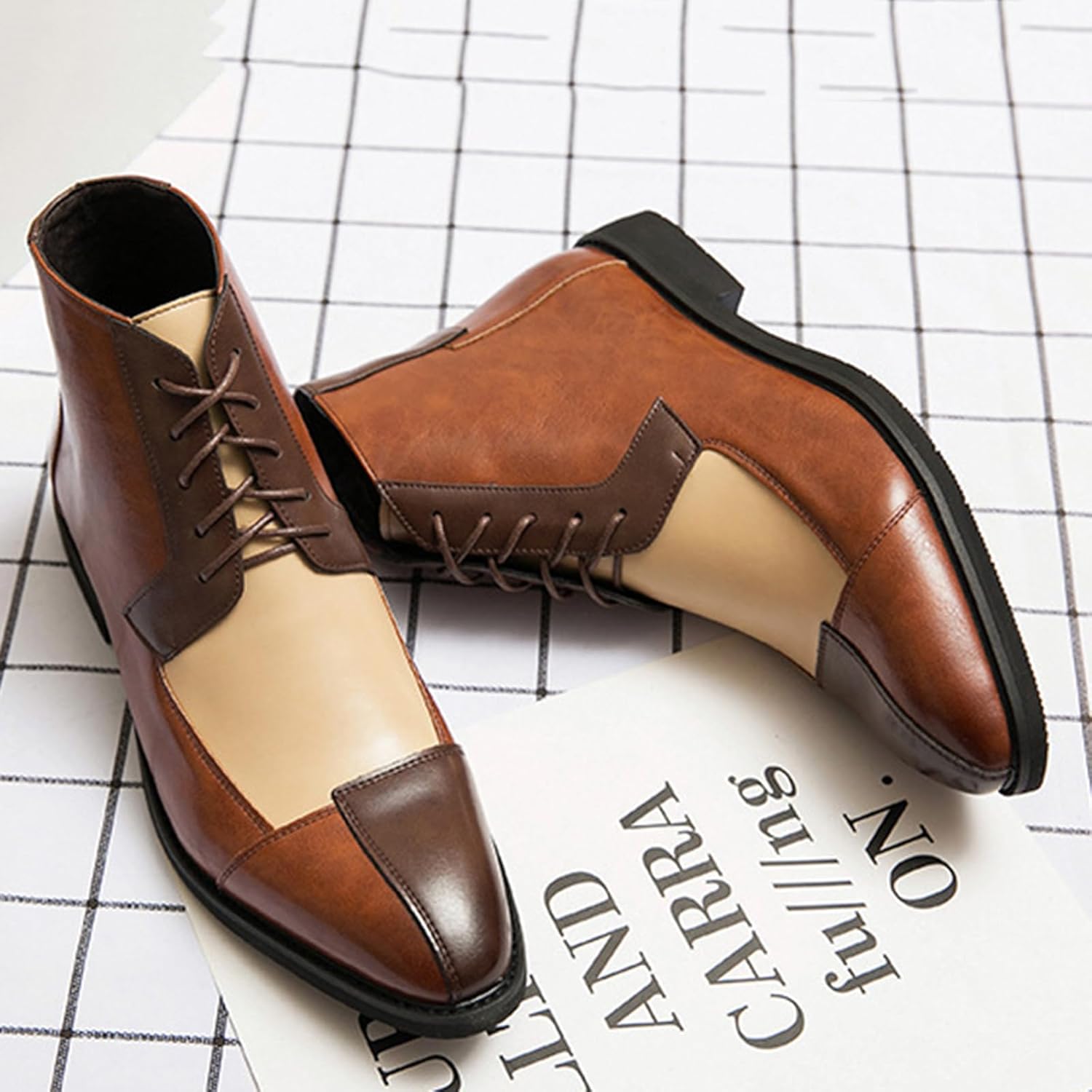 Men's Leather Color-Block High-Top Oxford Boots Fashion British Style Pointed Toe Lace Up Ankle Boots Casual Formal Business Wedding Dress Shoes