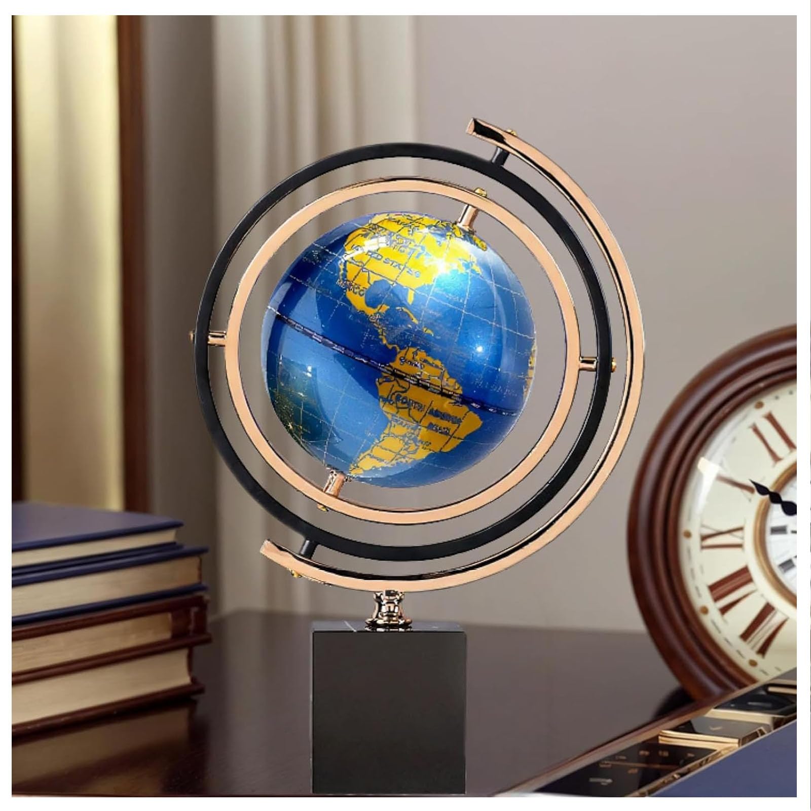 Decorazione Artistica Moderna Astratta Globo in Metallo con Base Rettangolare Stand Oro e Nero,Decorazione Per Scrivania per Casa e UfficiCo (Globo blu)
