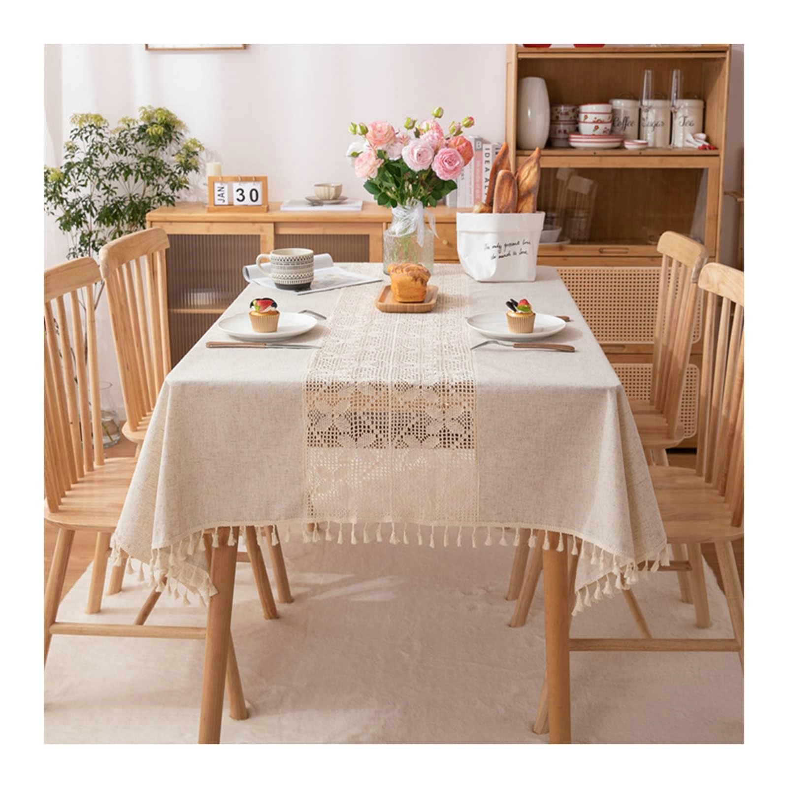 Gualiy Manteles Mesa Comedor Rectangular, Poliéster Manteles Mesa Cocina 140x260CM Manteles de Mesa Antimanchas Mariposa Hueca con Borlas Manteles para Mesa de Cocina, Beige