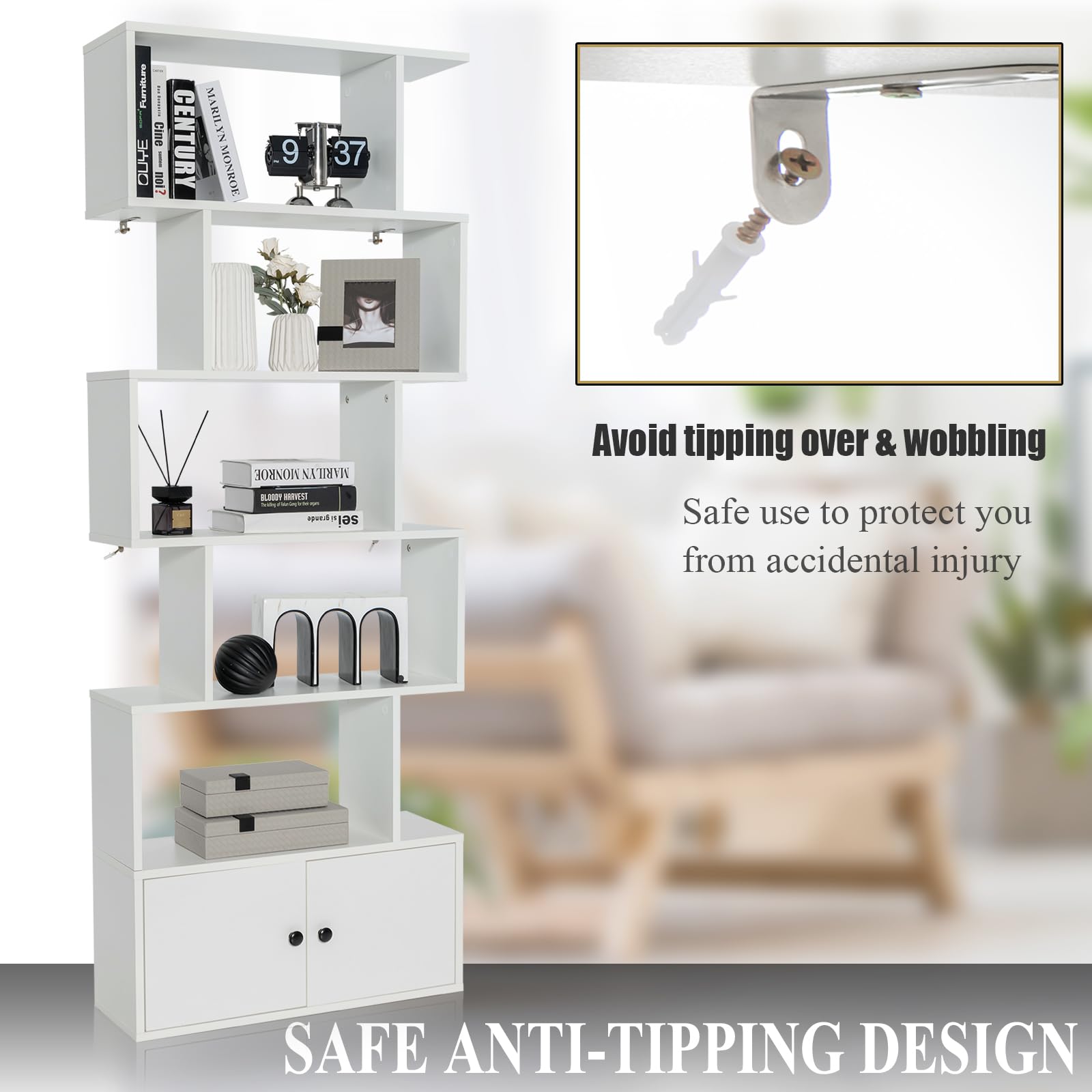 HOMASIS Libreria Scaffale a 5 Livelli, Libreria Verticale, Divisorio per Stanza, Armadietto con 2 Ante, Scaffale Salvaspazio e Multiuso per Soggiorno, Camera da Letto, 70 x 23 x 183 cm (Bianco)