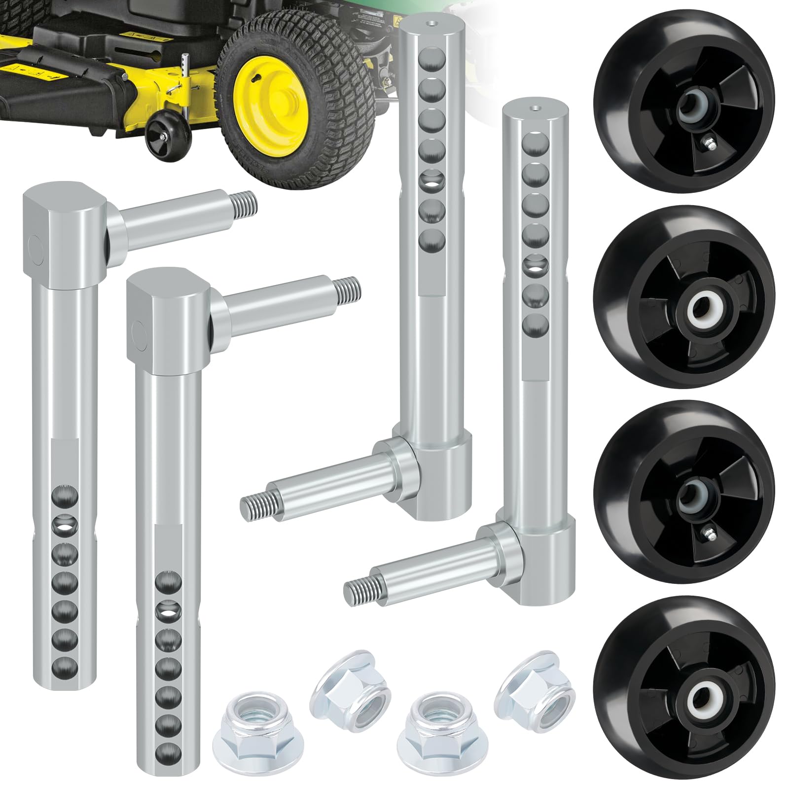 Photo 1 of CheeMuii Lawn Mower Deck Gauge Wheel and Deck Arm Kit 4 Pcs Mower Deck Wheel Arm Replace for AM131288 & AM131289 4 Pcs Deck Wheels Replace for AM125172