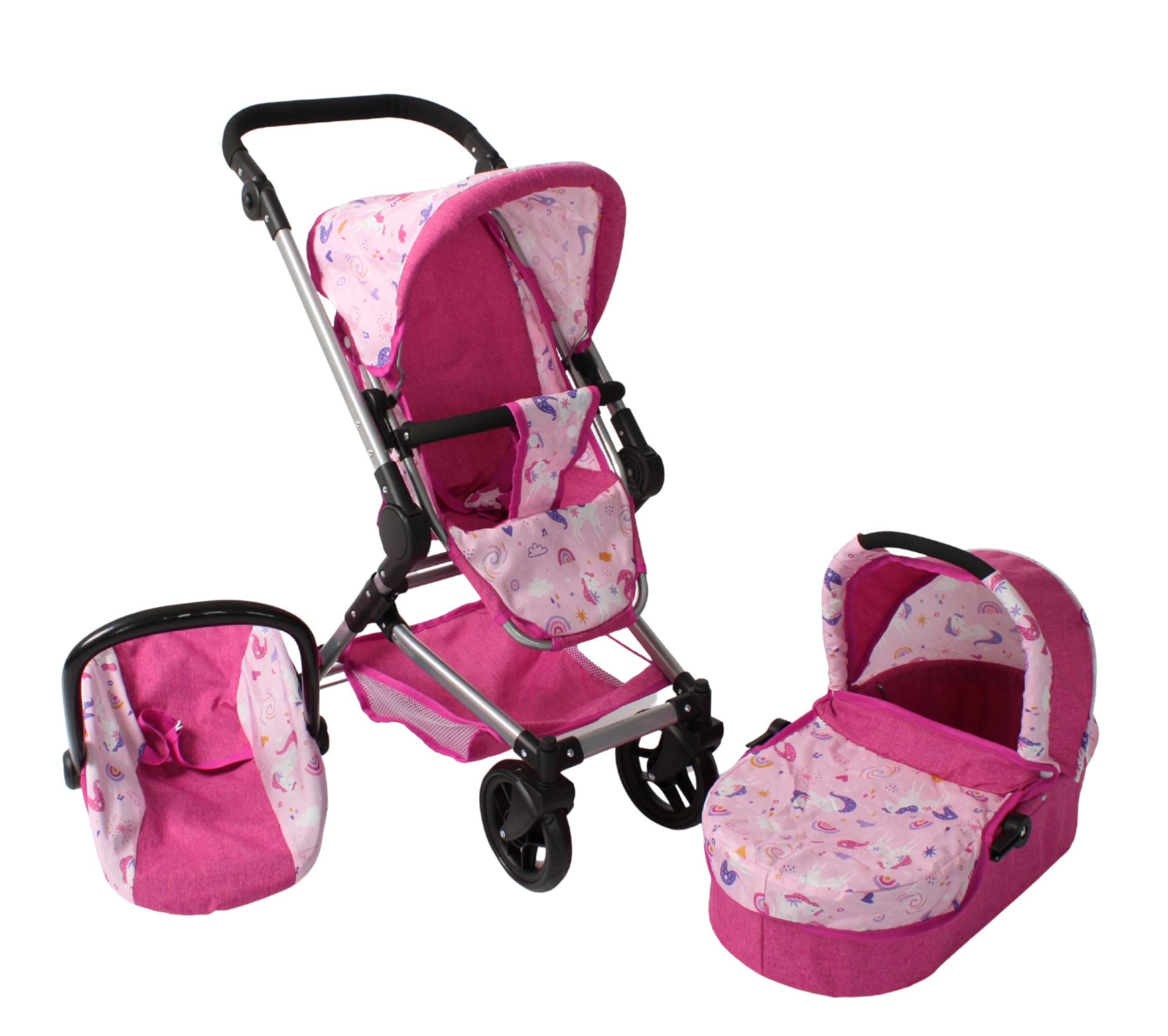 Bayer Chic 2000 - Passeggino per bambole Fides, set di passeggino 3 in 1 composto da navicella, seggiolino sportivo e seggiolino auto, unicorno, rosa