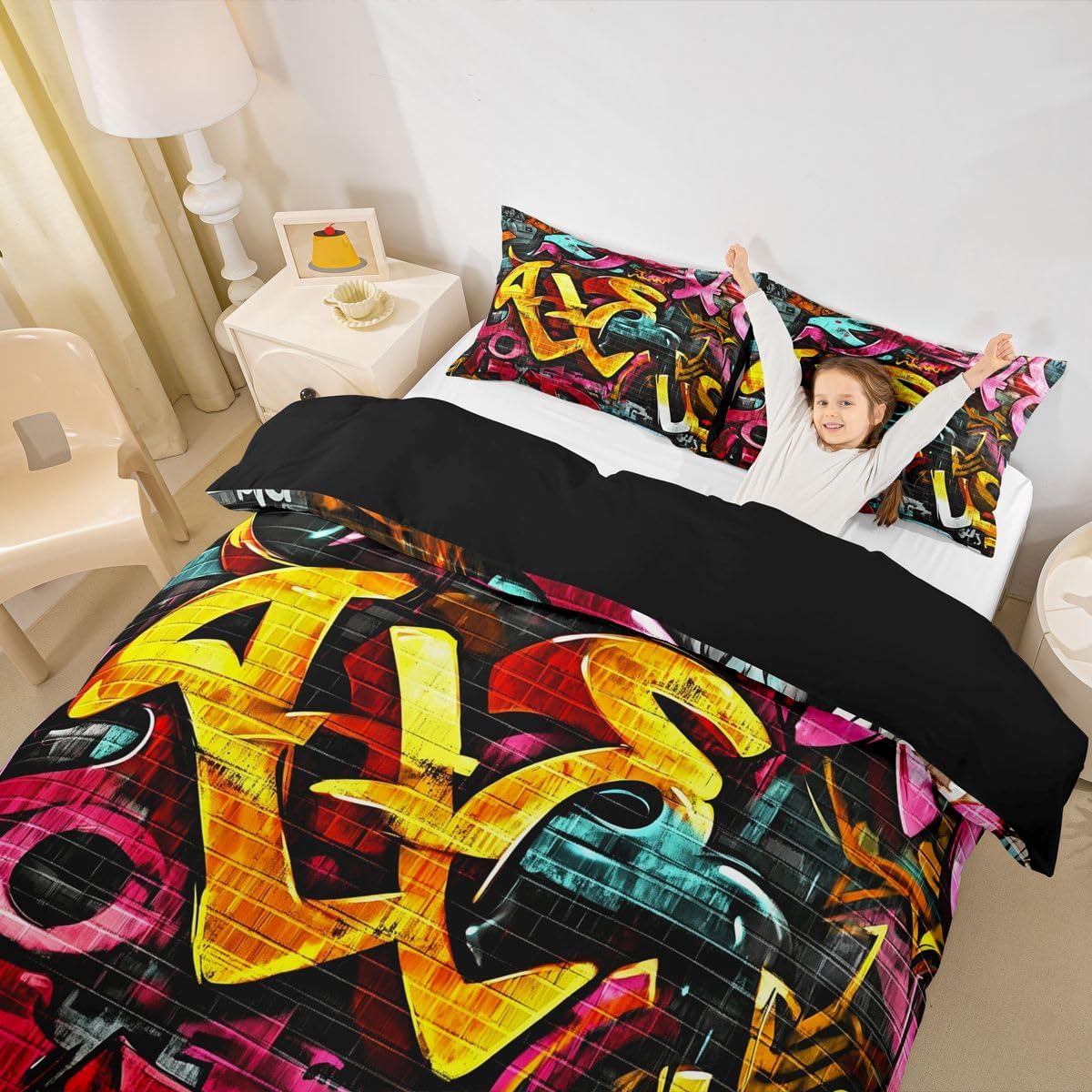 Feelyou Hippie Comforter Set Boys Teens Hip Hop Street Culture Bedding Set Kids Youth Wall Art Duvet Cover Graffiti Pattern Quilt Cover, Room Decor 2Pcs Twin Size