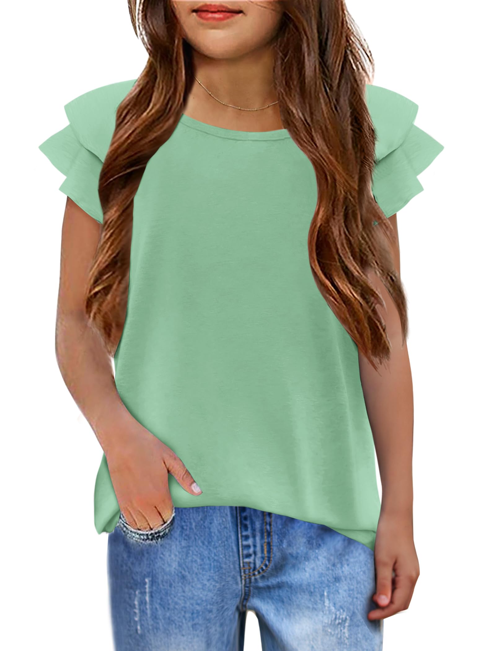 Arshiner Mädchen T-Shirt Gewellte Ärmel Sommer Rundhals Kurzarm Oberteile Lässig Mode Einfarbig Tshirts für Mädchen 9-10 Jahre Grün