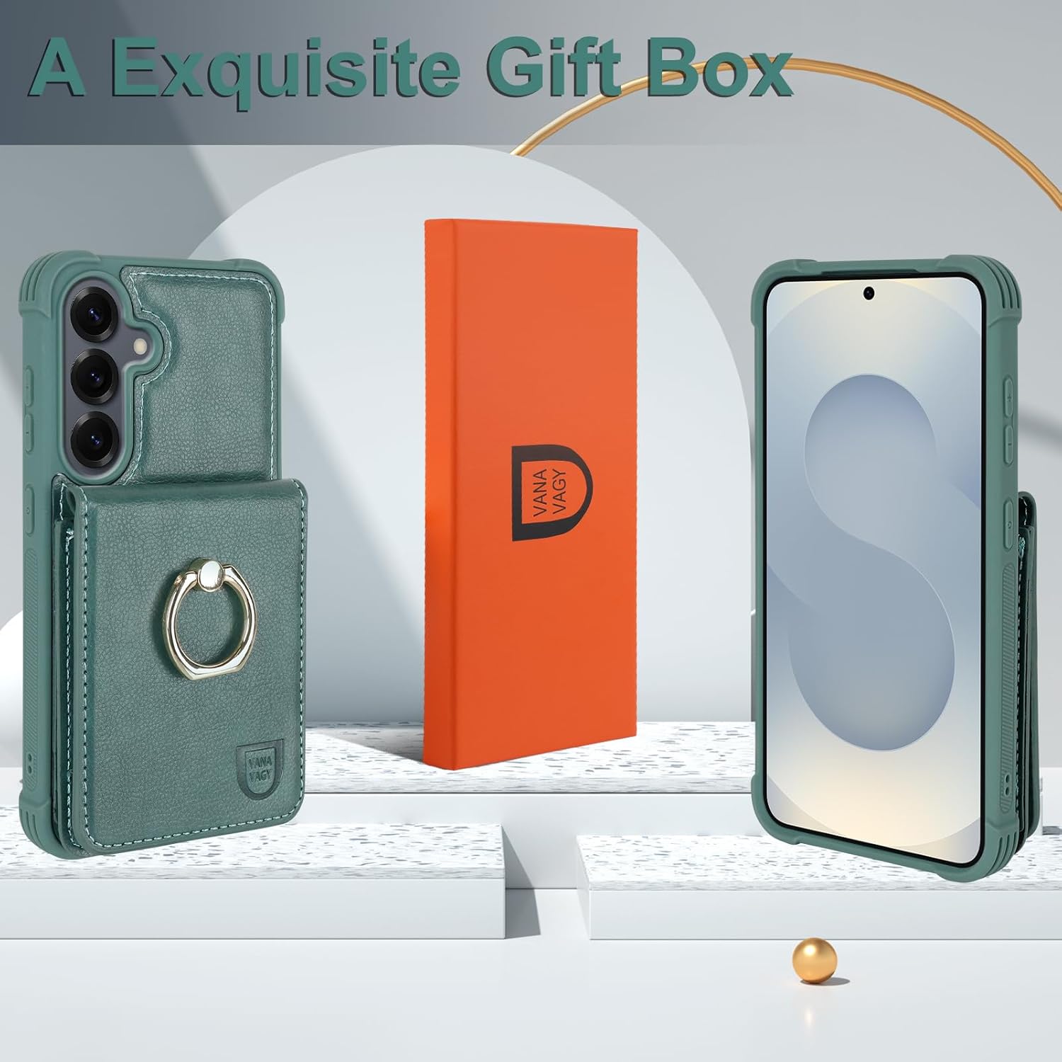 VANAVAGY Wallet Case for Galaxy S25 for Women Men, PU Leather Magnetic Clasp Phone Case Cover with RFID Blocking Card Holder Coin Pocket with Ring Holder for S25 5G 6.2 inch, Forest Green