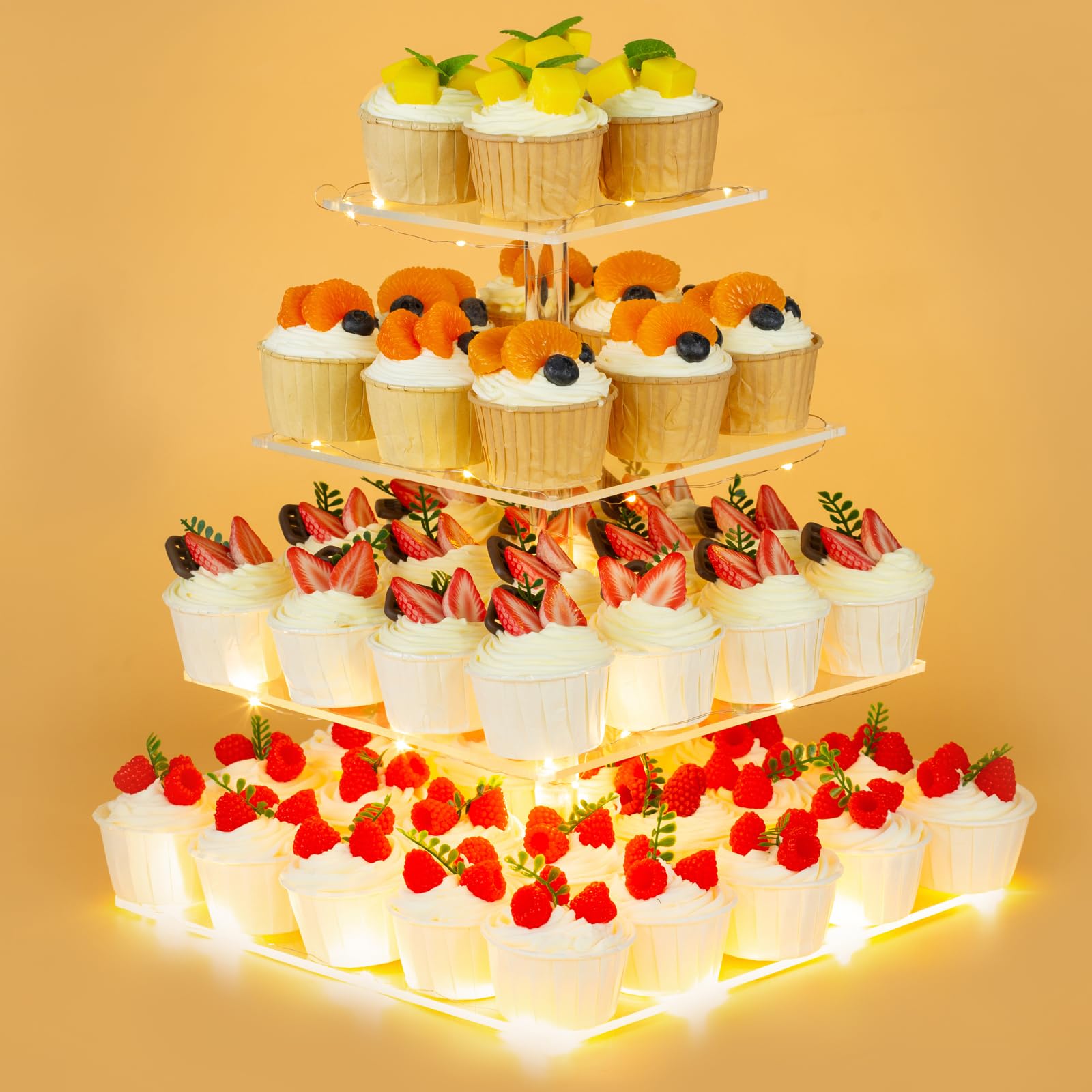 Photo 1 of HENABLE 4 Tier Premium Cupcake Stand Cupcake Holder, Acrylic Cupcake Tower with LED Yellow Light for Cupcakes, Dessert Table Display Set for Birthday, Bar, Decor Weddings, Parties Events