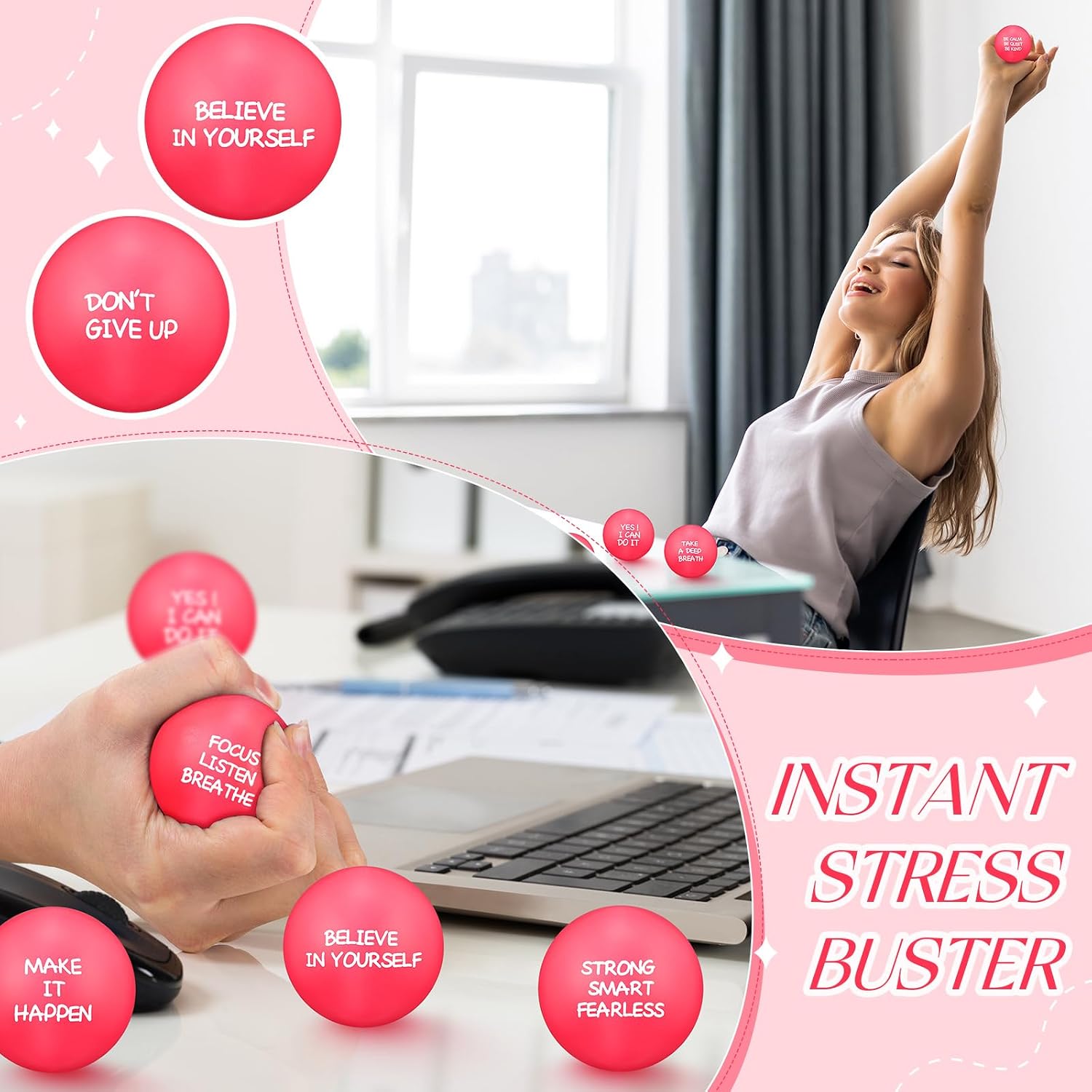 Shappy 72 Pcs Inspirational Stress Relief Balls Motivational Stress Ball Encouraging PU Bulk Balls for Adults Small Therapy Fidget Relief Toys for Valentines Gifts (Pink)