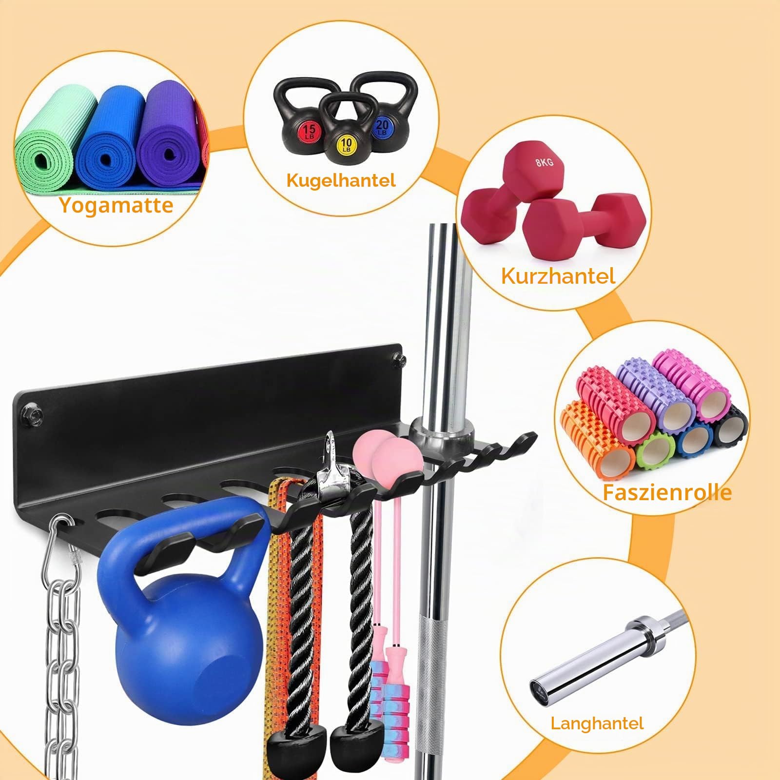 Gym Rack Organizer, Home Gym Zubehör Aufhänger, Wandhalterung Haken für olympische Langhanteln, Reihengriffe, Schläger oder Werkzeuge (E-Book Anleitung im Lieferumfang enthalten)