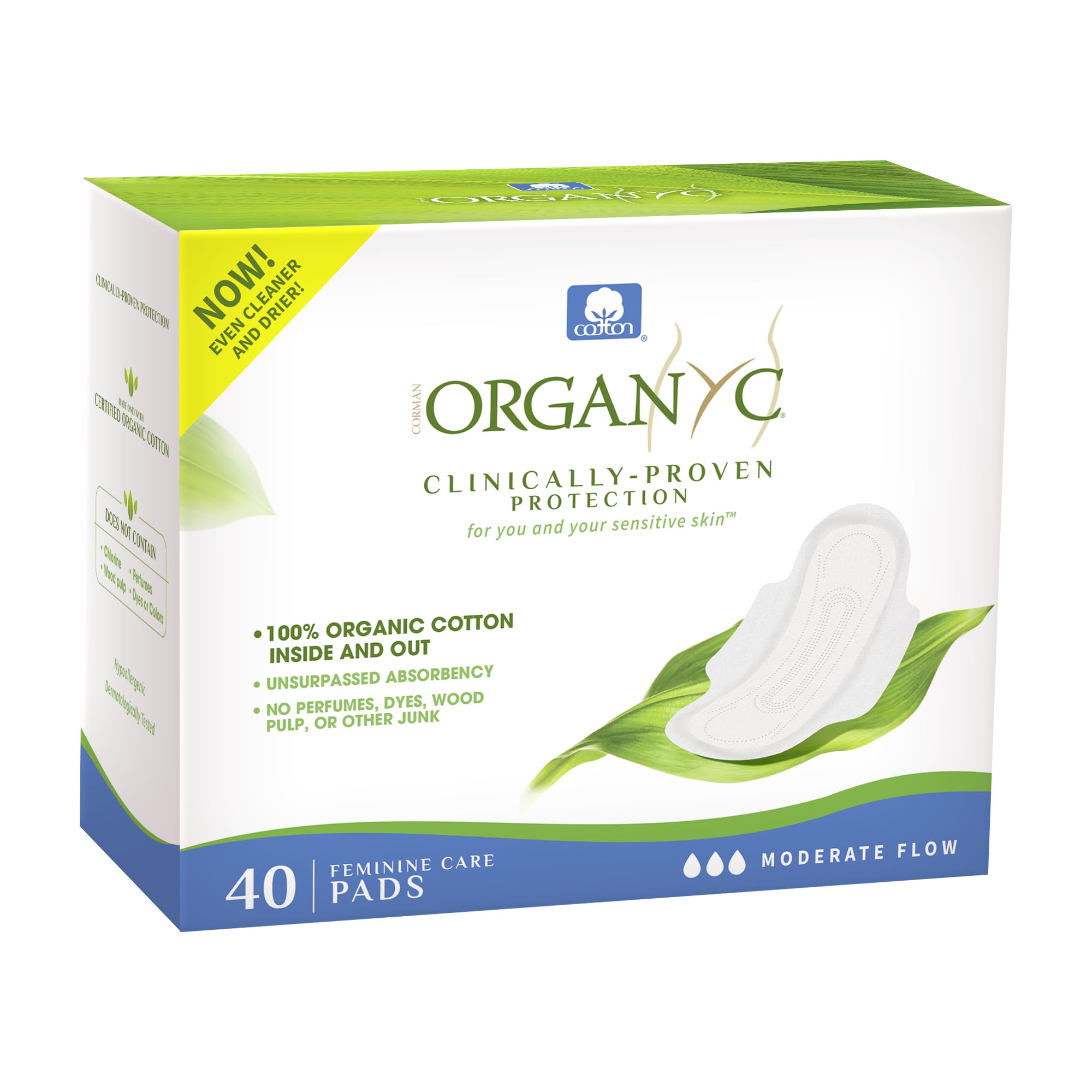 Organyc - 100% Certified Organic Cotton Inside and Out Feminine Pads, Sanitary Napkin 40 Count, Moderate Flow, Regular Absorbency, New Larger Size