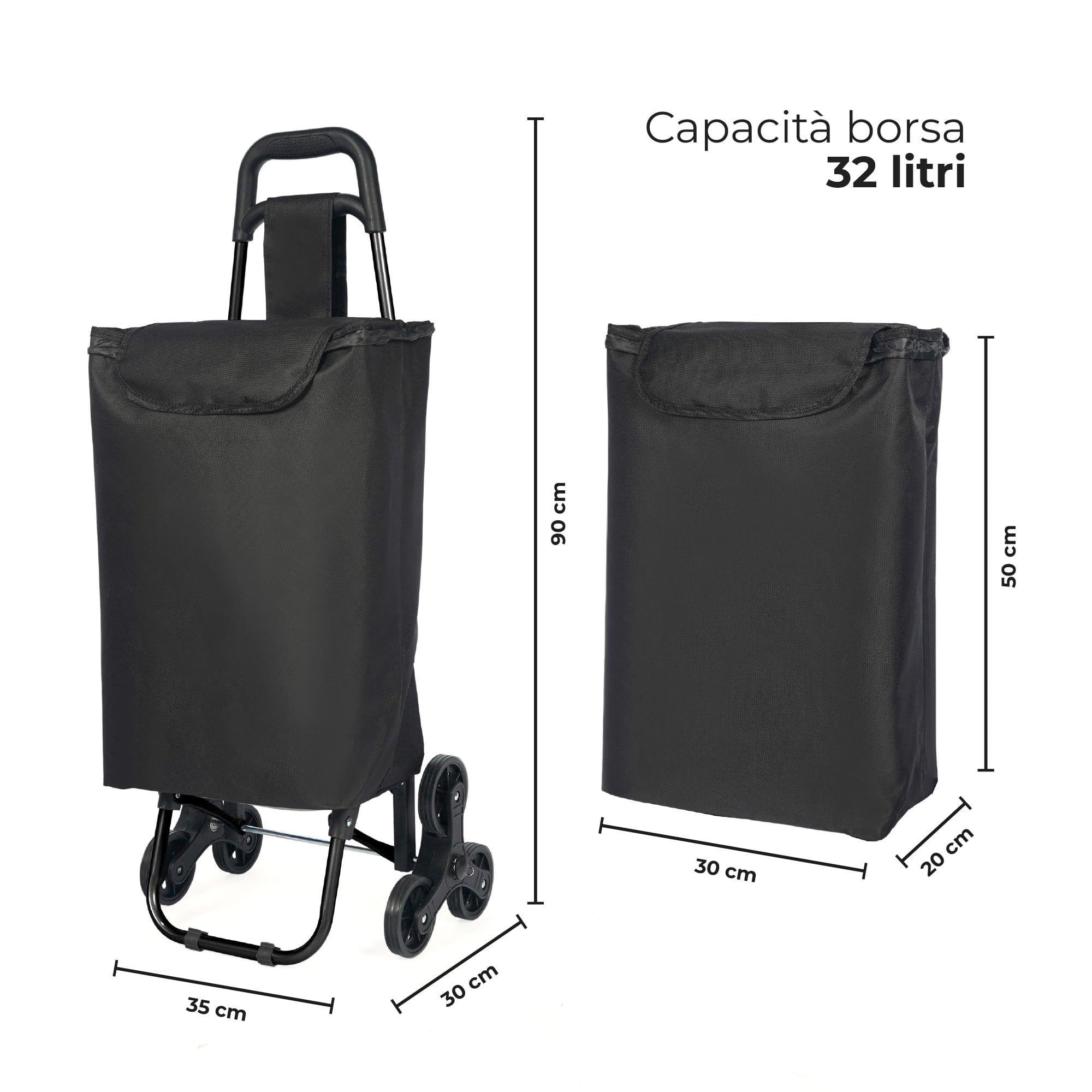 IlGruppone Carrello Spesa Saliscale 6 Ruote Pieghevole con Borsa Impermeabile, Porta Spesa per Scale Supermercato e Casa, Struttura in Acciaio - Nero