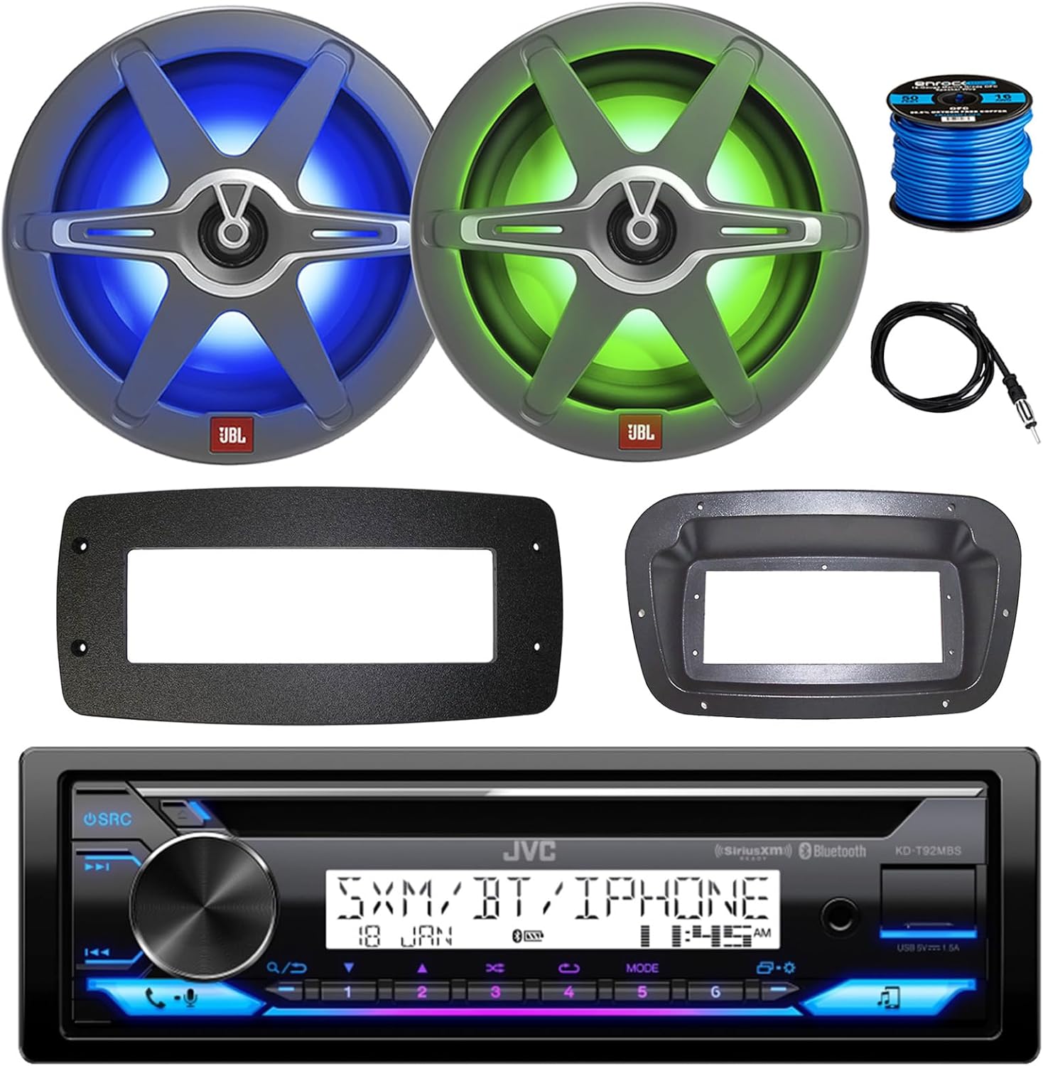 Single DIN Marine Bluetooth USB AUX AM/FM Stereo CD Player Receiver w/SPA Bezel, Adapter Plate, 2X 8 450 Watt 2-Way Multicolor LED Audio Speakers, Antenna, Wire