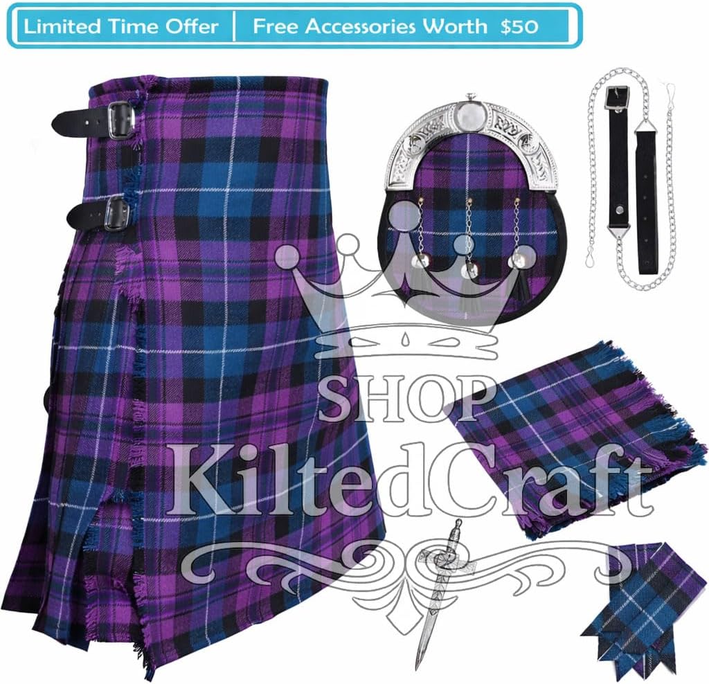 GOHAR & SONS INDUS Men’s Scottish Tartan Kilt Set Multicolor – Traditional 8 Yard Highland Kilt Deal for men