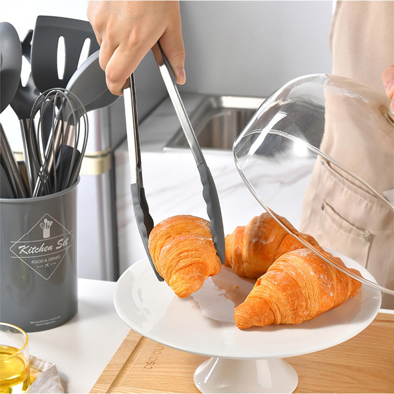 Silikon-Kochutensilien-Set, ungiftig, hitzebeständig, spülmaschinenfest mit Edelstahlgriffen, Küchenhelfer-Set mit Halter für antihaftbeschichtetes Kochgeschirr