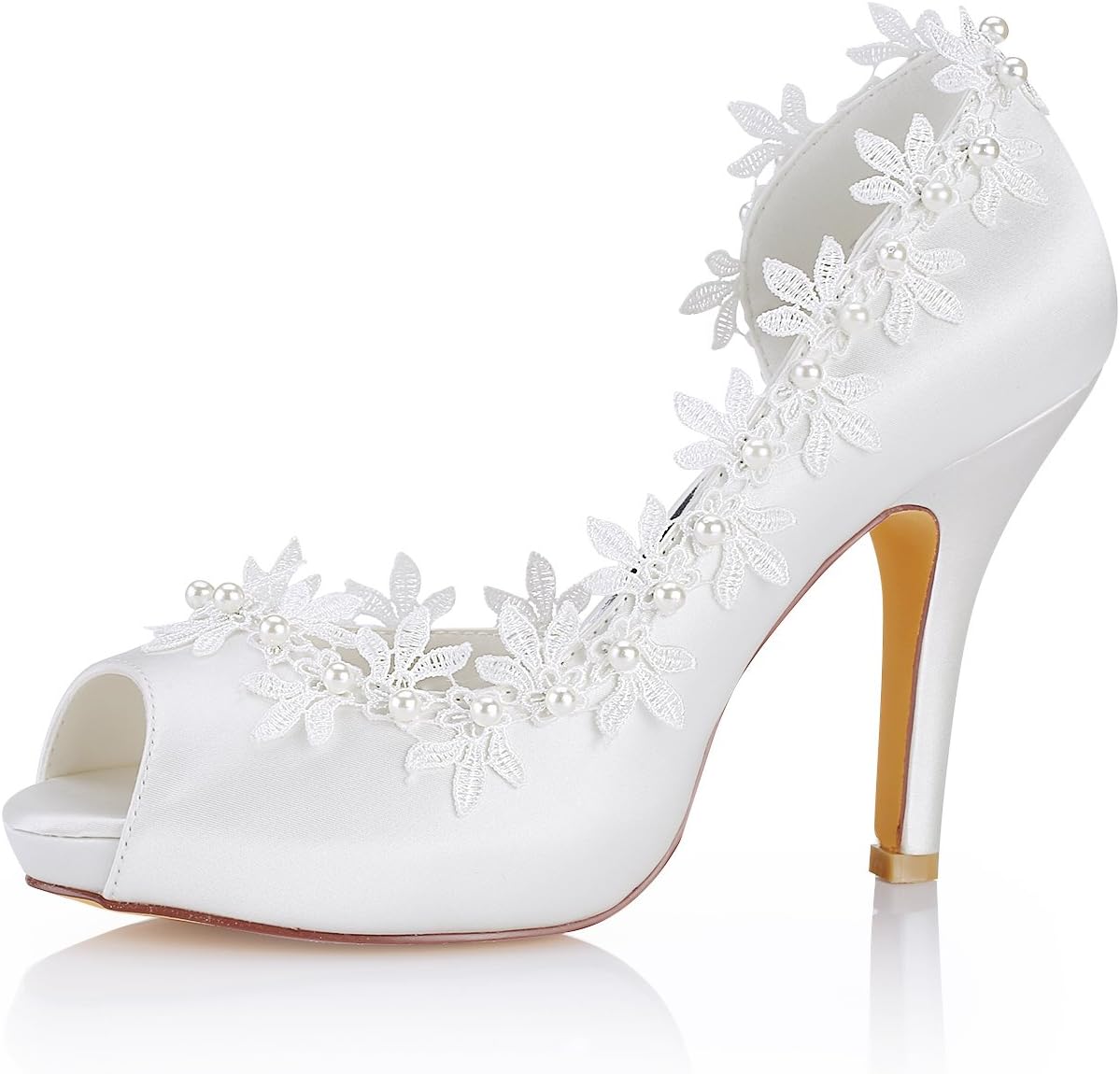 Ivory Wedding Shoes Silk Peep Toe Lace Detail Bridal Shoes Women High Heels