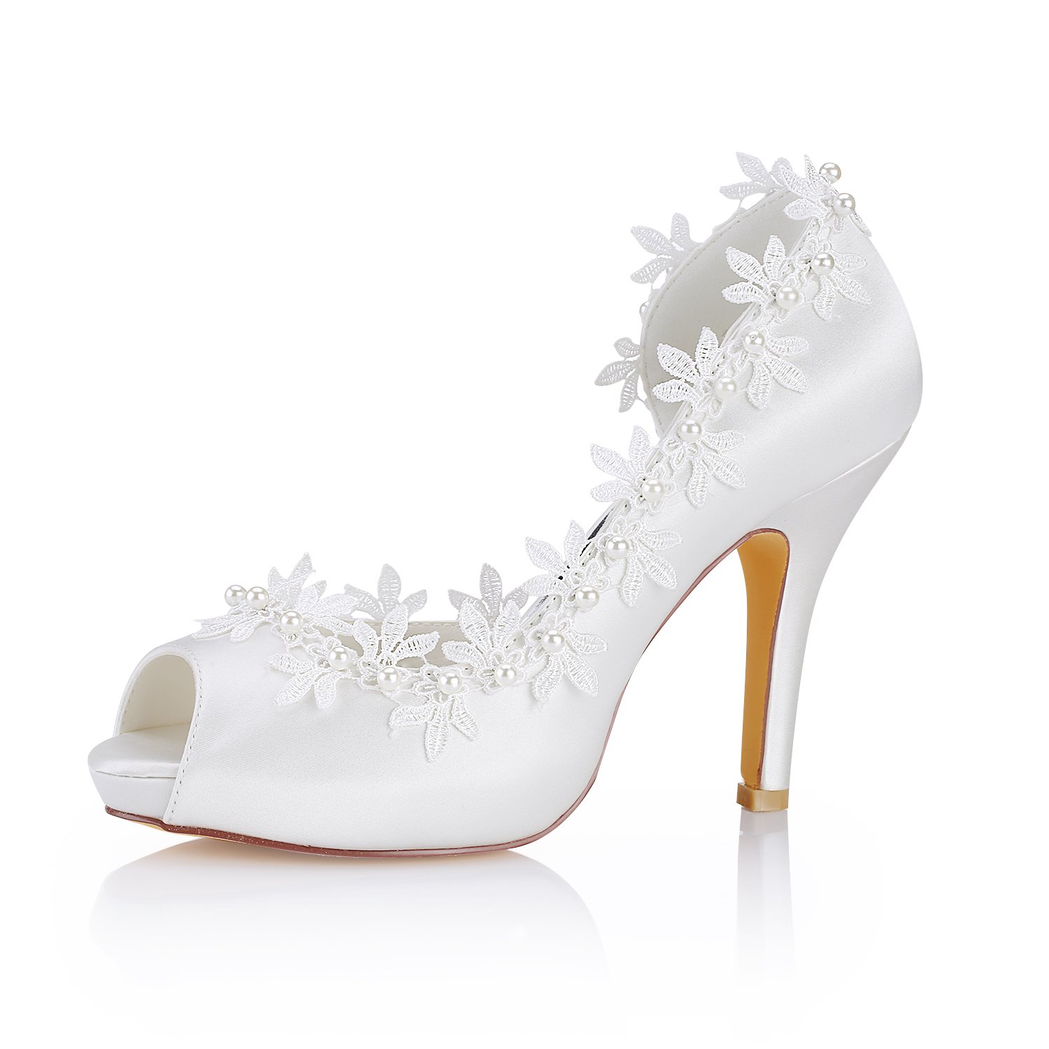 Ivory Wedding Shoes Silk Peep Toe Lace Detail Bridal Shoes Women High Heels