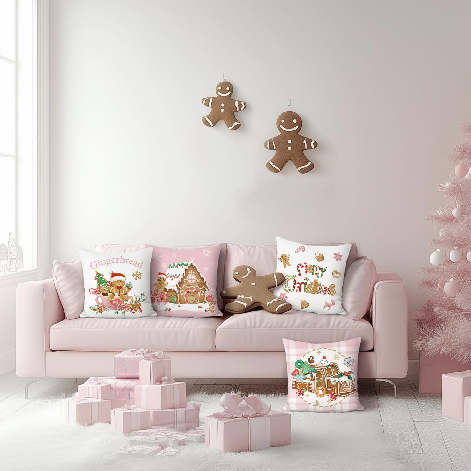 Bonhause Christmas Gingerbread Cushion Covers 45 x 45 cm Xmas Truck House Hot Cocoa Pink Decorative Throw Pillow Covers for Sofa Bed Home Winter Holiday Decor Set of 4 - Image 2