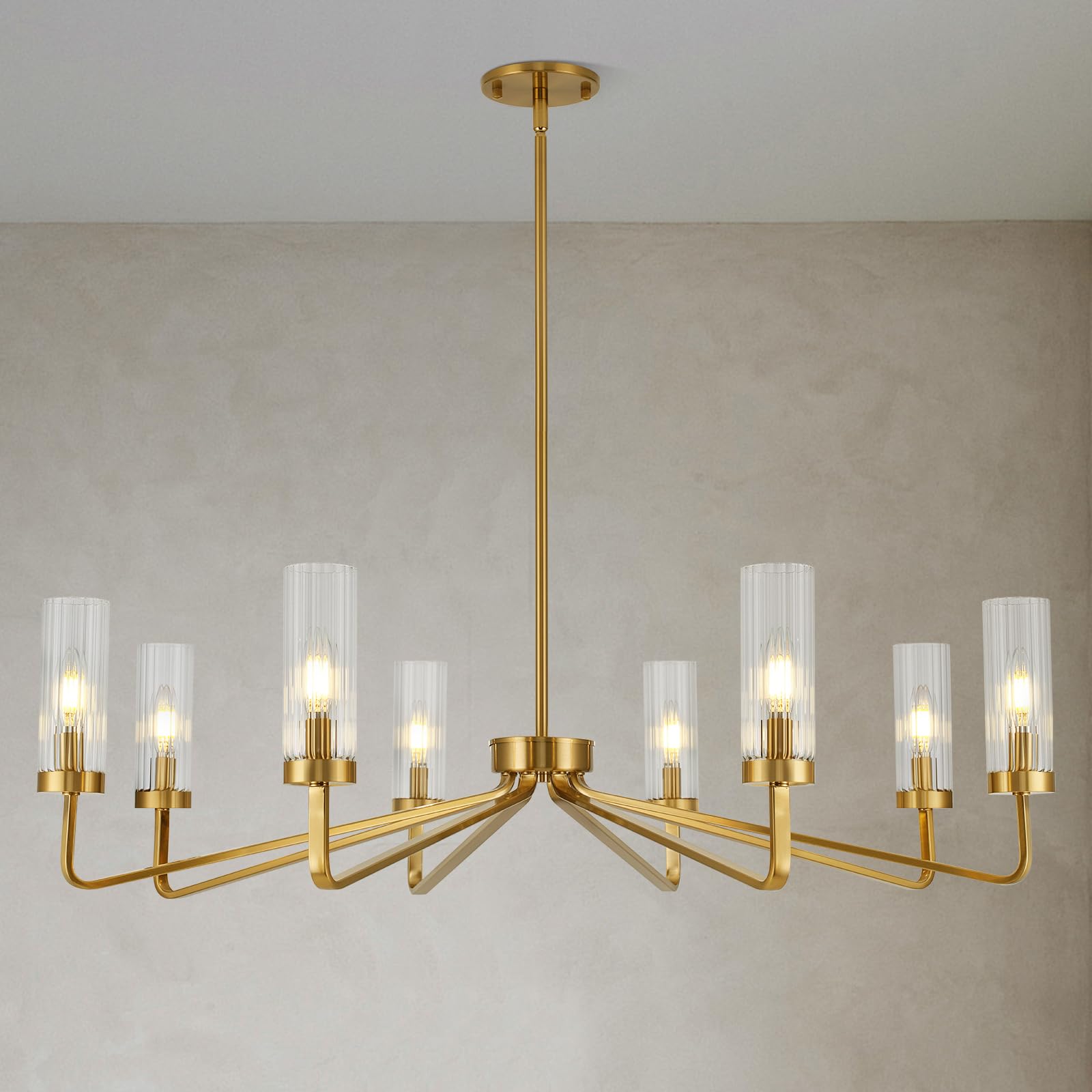 40 Gold Chandeliers for Dining Room 8-Light Modern Farmhouse Light Fixture with Striped Glass Shades Brushed Gold Candle
