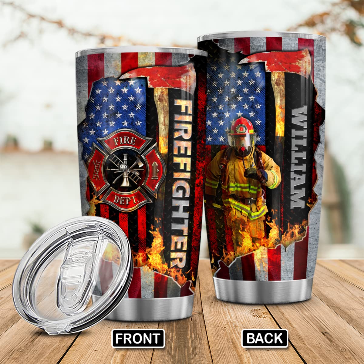 Personalized Firefighter Water Bottle - 20 Oz Custom Aluminum Bottle With Carabiner, Silver Finish