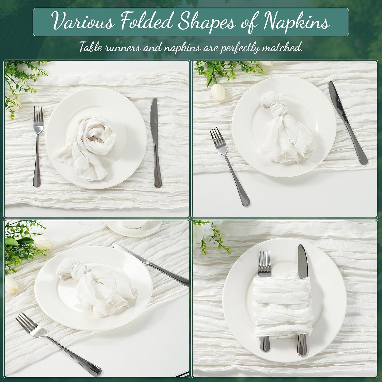 60PCS Ivory White Cheesecloth Napkins and 6PCS Table Runners Set, 19.69x19.69inch Rustic Wedding Napkins and 35x118inch Gauze Table Runner for Wedding Party Boho Table Decor
