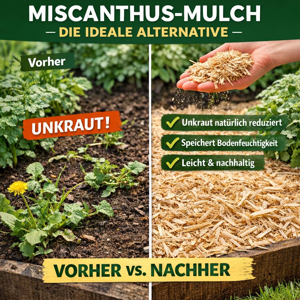 MISCANTHUS WIEDEMANN® | 120 Liter Ballen Bio Miscanthus Gartenmulch | Umweltfreundlicher Mulch für Gartenbeete und Gartengestaltung | Alternative zu Rindenmulch und Hackschnitzel