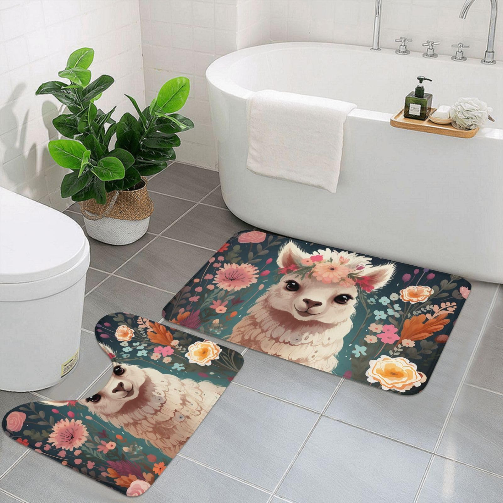 Tapis de bain motif floral alpaga en microfibre lot de 2 pour salle de bain