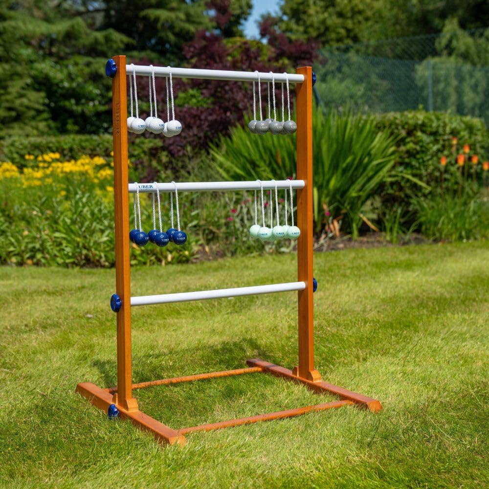 Uber Games Ladder Golf-Spielset – Hochwertiges Leiter-Gartenspiel aus Gummibaumholz – 12 Bolas-Bälle aus echtem Gold und Tragetasche und Aufbewahrungstasche aus Segeltuch