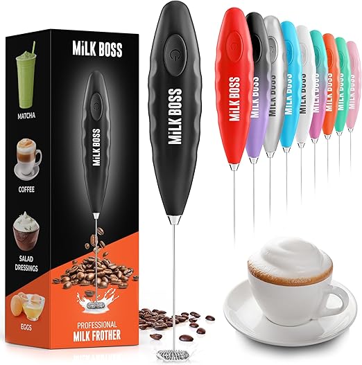 Milk Frother for Coffee - Handheld Automatic Milk Foam Maker Hand Frother for Coffee, Matcha, Hot Chocolate - Mini Drink Mixer - Mini Frother Wand by Milk Boss - Black