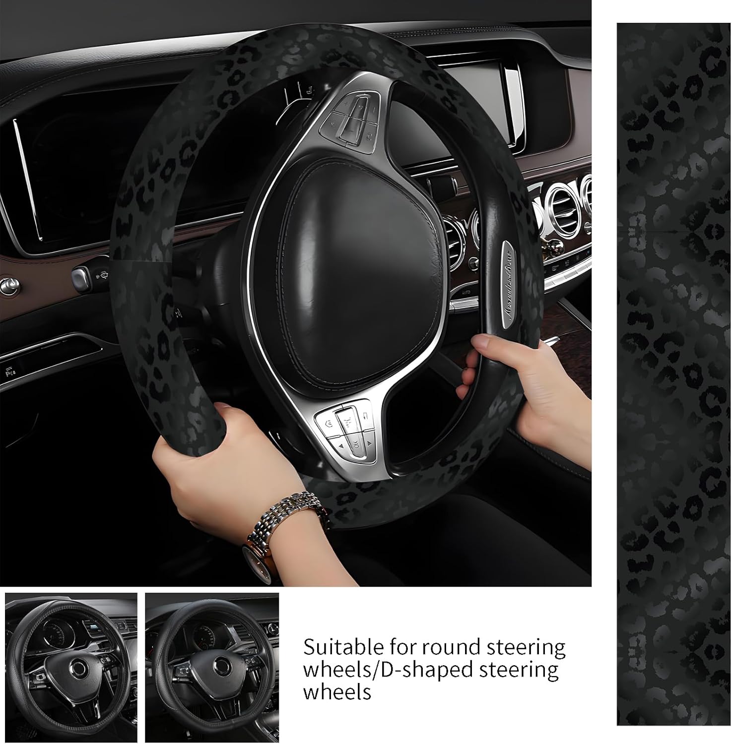 Steering Wheel Covers for Car, Truck, and SUV, Cute Non-Slip Breathable Elastic Steering Wheel, Car Accessories, Universal 15 Inch Leather Cover for Men Women Black Leopard Print - Image 2