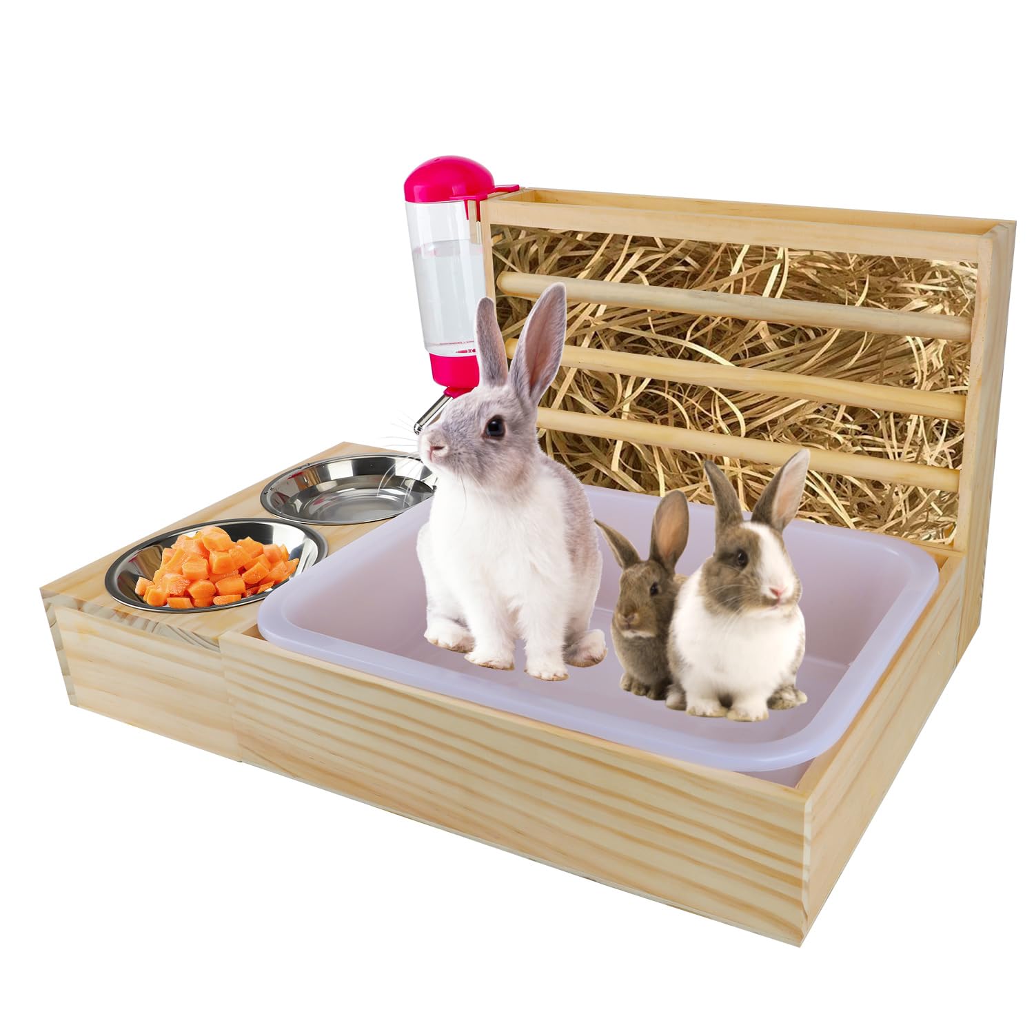 4-in-1 Kaninchen-Station Mit Heuspender, Toilette, Näpfen & Trinkflasche – Für Kleintiere Wie Meerschweinchen, Hamster
