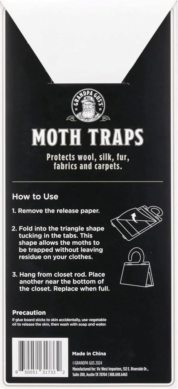 Grandpa Gus's Moth Traps for Clothes, Clothing Moth Killer for Closet and Wardrobe, Pheromone Glue Trap, No Mothballs, Safe for Kids and Pets, 6 Pack