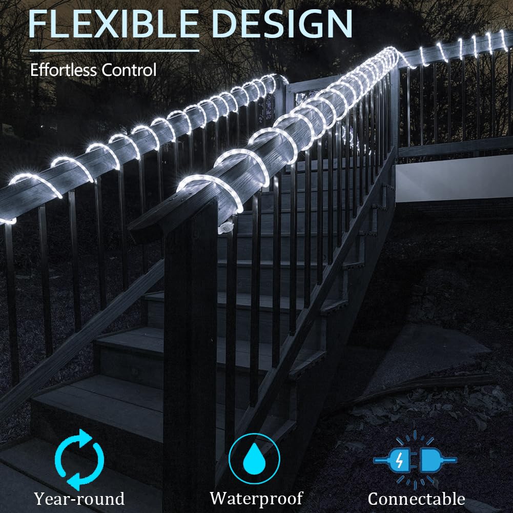 LED-Lichterkette für drinnen und draußen, 7,6 m, weiß, wasserdicht, Lichtschlauch mit Stecker, flexibel verbindbar für Schlafzimmer, Deck, Garten, Weihnachtsdekoration