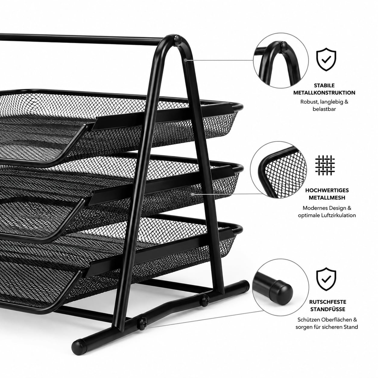 Conipa 2 Dokumentenablagen aus Metall Schwarz – je 3 Fächer Mesh Briefablage für A4 Dokumente – Schreibtisch Organizer & Papierablage für Büro, Home Office & Schule