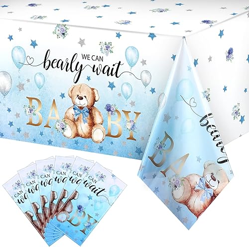 Miniatura 1 de Mantel de plástico para baby shower, con texto en inglés We Can Bearly Wait, mantel de oso con diseño de oso y estrella, para fiesta de cumpleaños