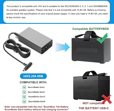 KFD 14V AC/DC Adapter Compatible with Soundboks Gen 1 2 3 Bluetooth Performance Speaker 12.8V 7.8Ah 99.84Wh Rechargeable Battery Keyu KA4802A-1403300P Soundboks Power Supply Cord Charger