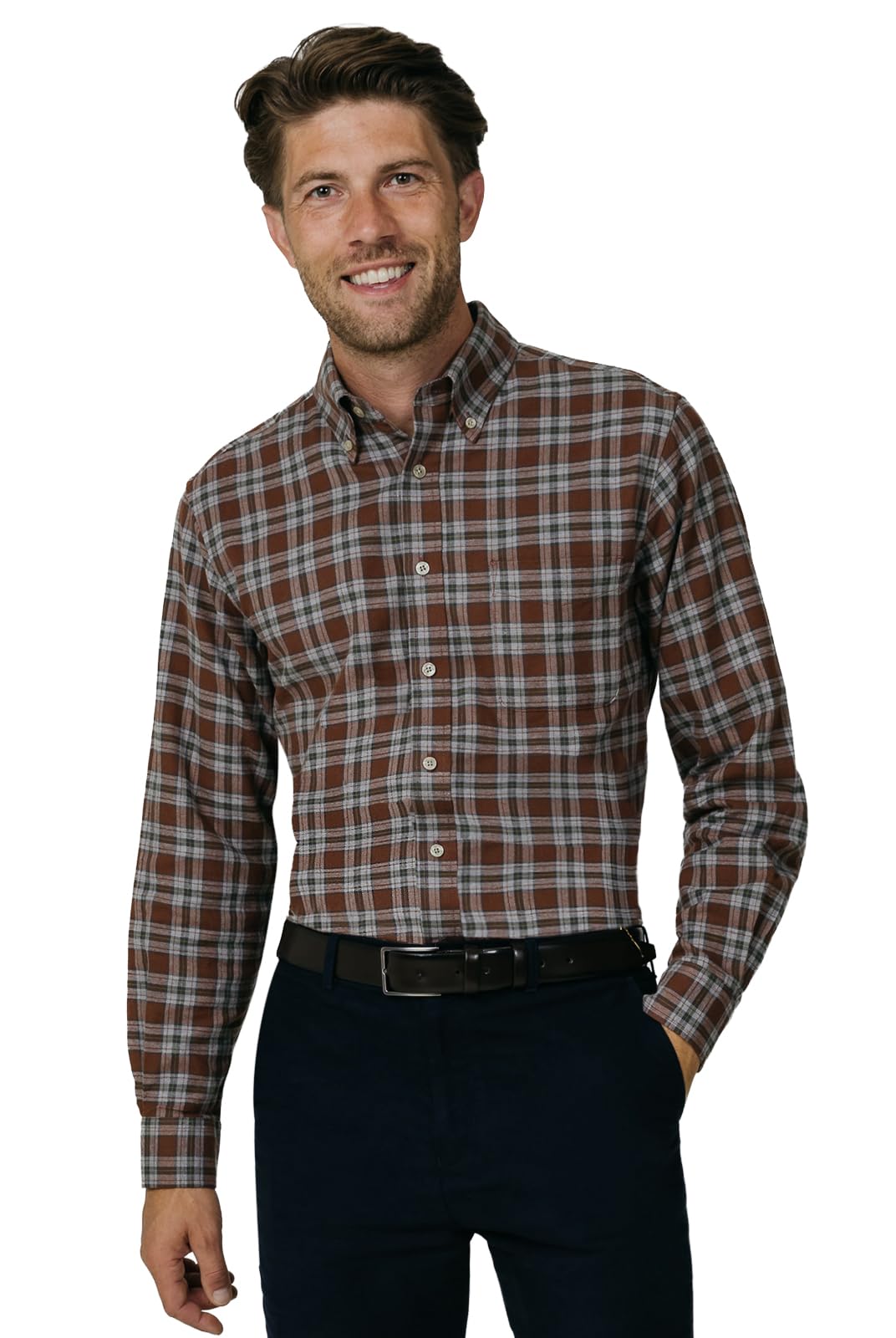 Dobell Mens Rust/Grey Check Shirt Regular Fit 100% Brushed Cotton-2XL