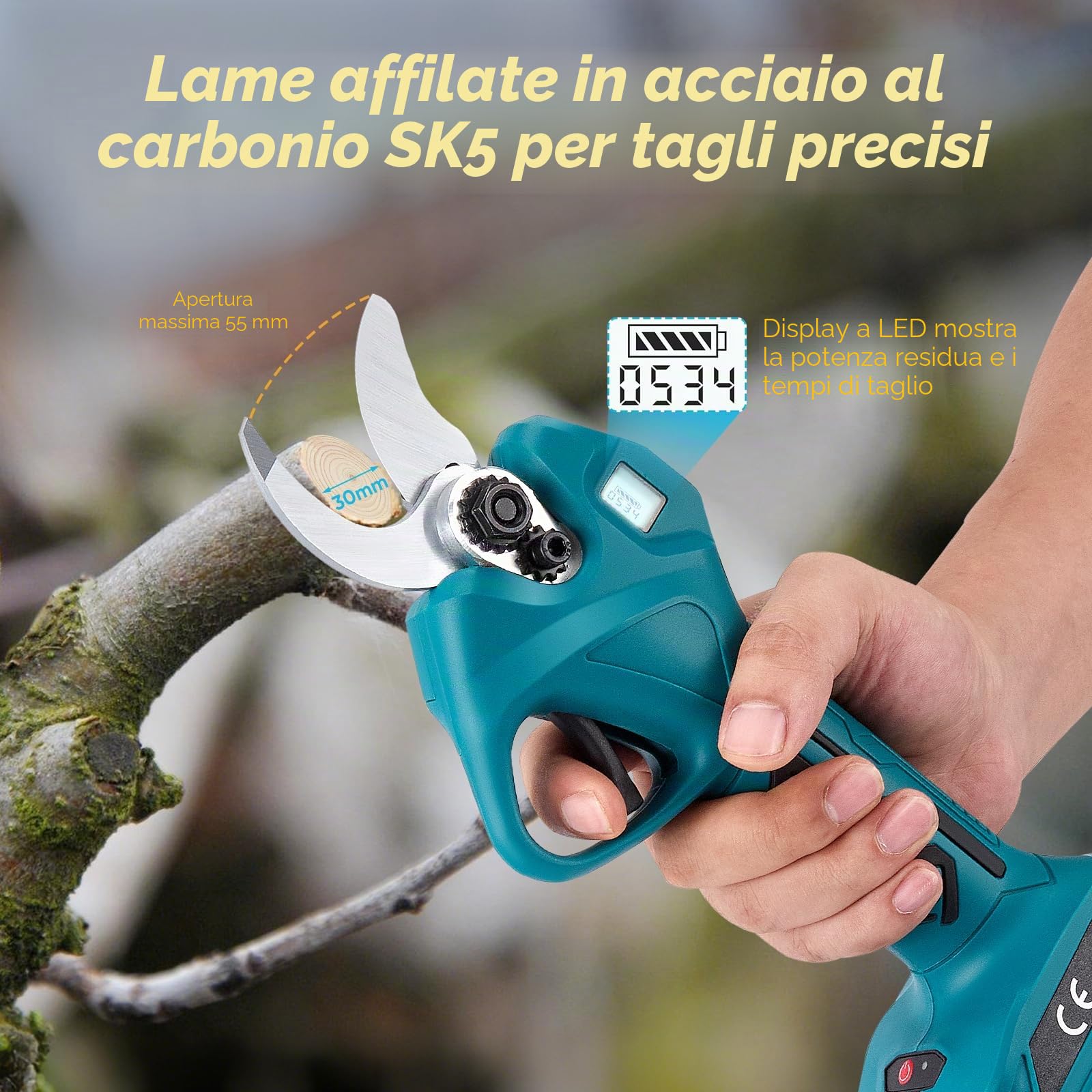 Troncarami a batteria, diametro di taglio 30 mm, cesoie elettriche da giardino con 2 batterie da 2000 mAh e 1 paio di lame di ricambio, display LCD, forbici da giardino brushless per rami