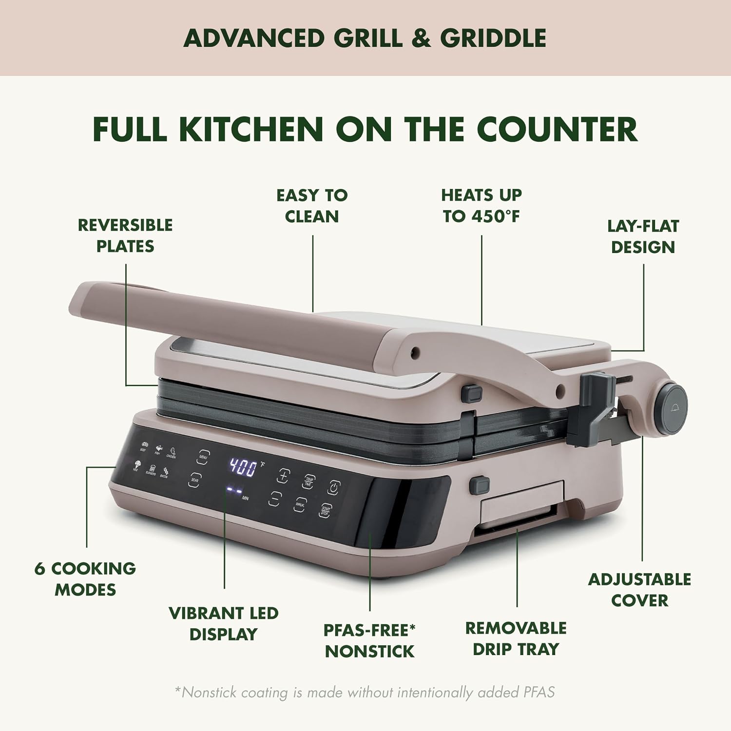 GreenPan Advanced Grill & Griddle, PFAS-Free Ceramic Nonstick, Clay