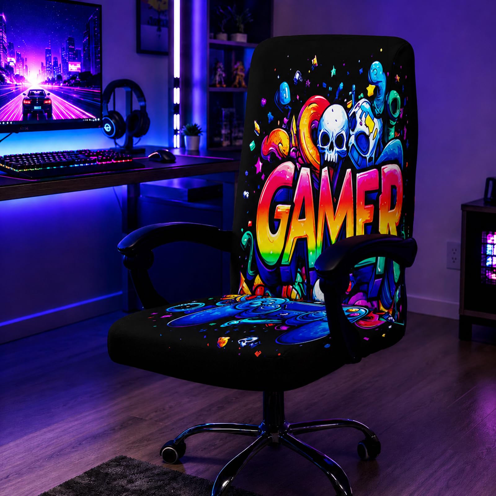 SparkLia Blacklight Gamer Office Chair Cover, UV Reactive Neon Skull Graffiti Stretchable Universal High Back Computer Chair Slipcover, Washable Elastic Gaming & Desk Chair Protector for Home Office — image 1