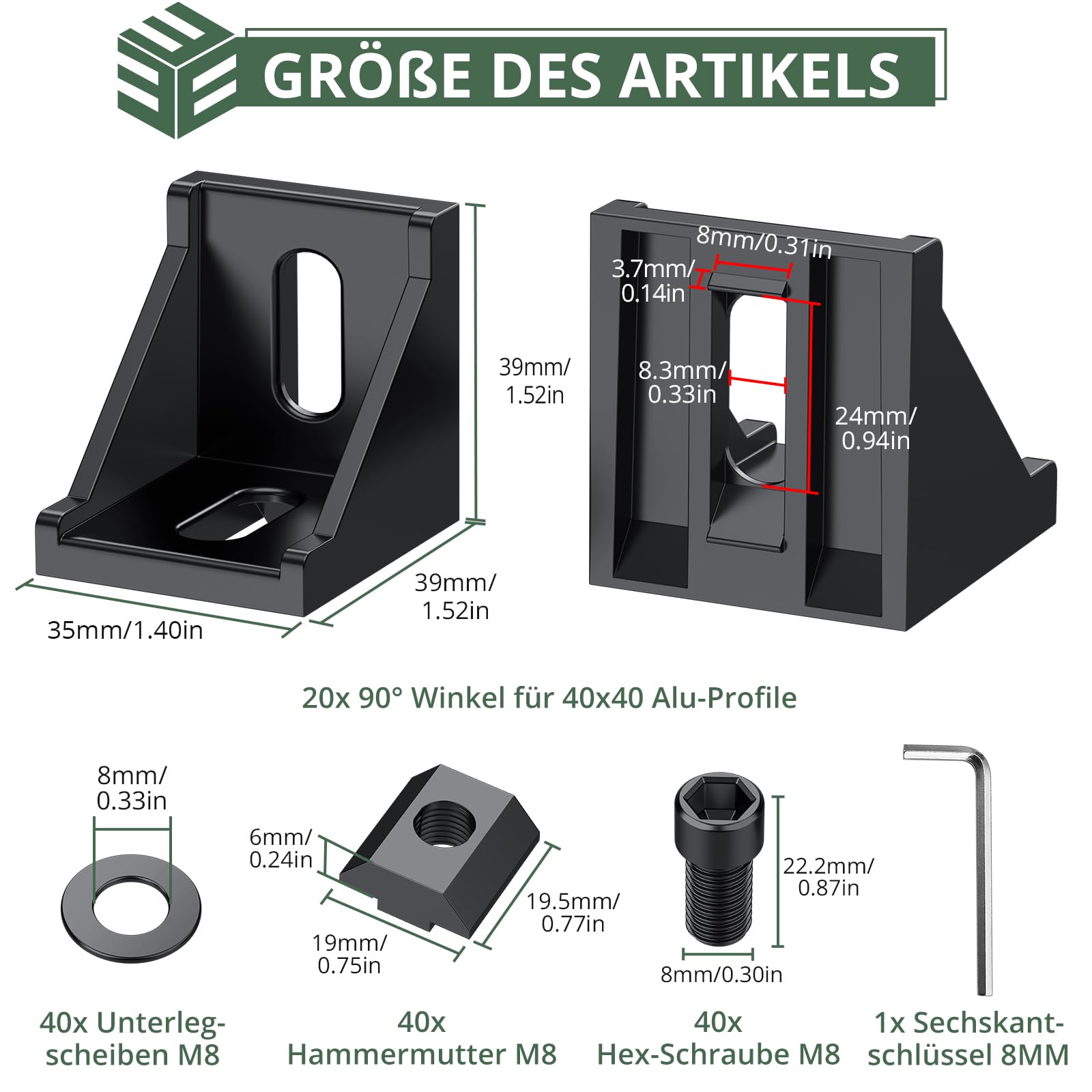 20 PCS Soporte de Esquina Aluminio, 90 Grados Recto 4040 4080 Negro, Perfil de Extrusión en L con Ranuras de 8 mm, con Tornillos Hexagonales M8, Para Impresoras 3D, Routers CNC y Proyectos DIY