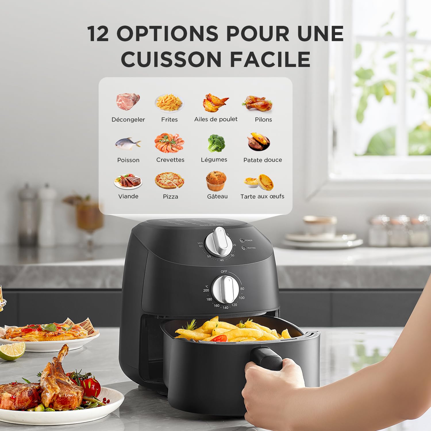 Midea friteuse à air chaud 2L, 1150 W, friteuse sans huile, friteuse à air chaud, arrêt automatique, sans huile, facile à nettoyer, sans BPA, noir