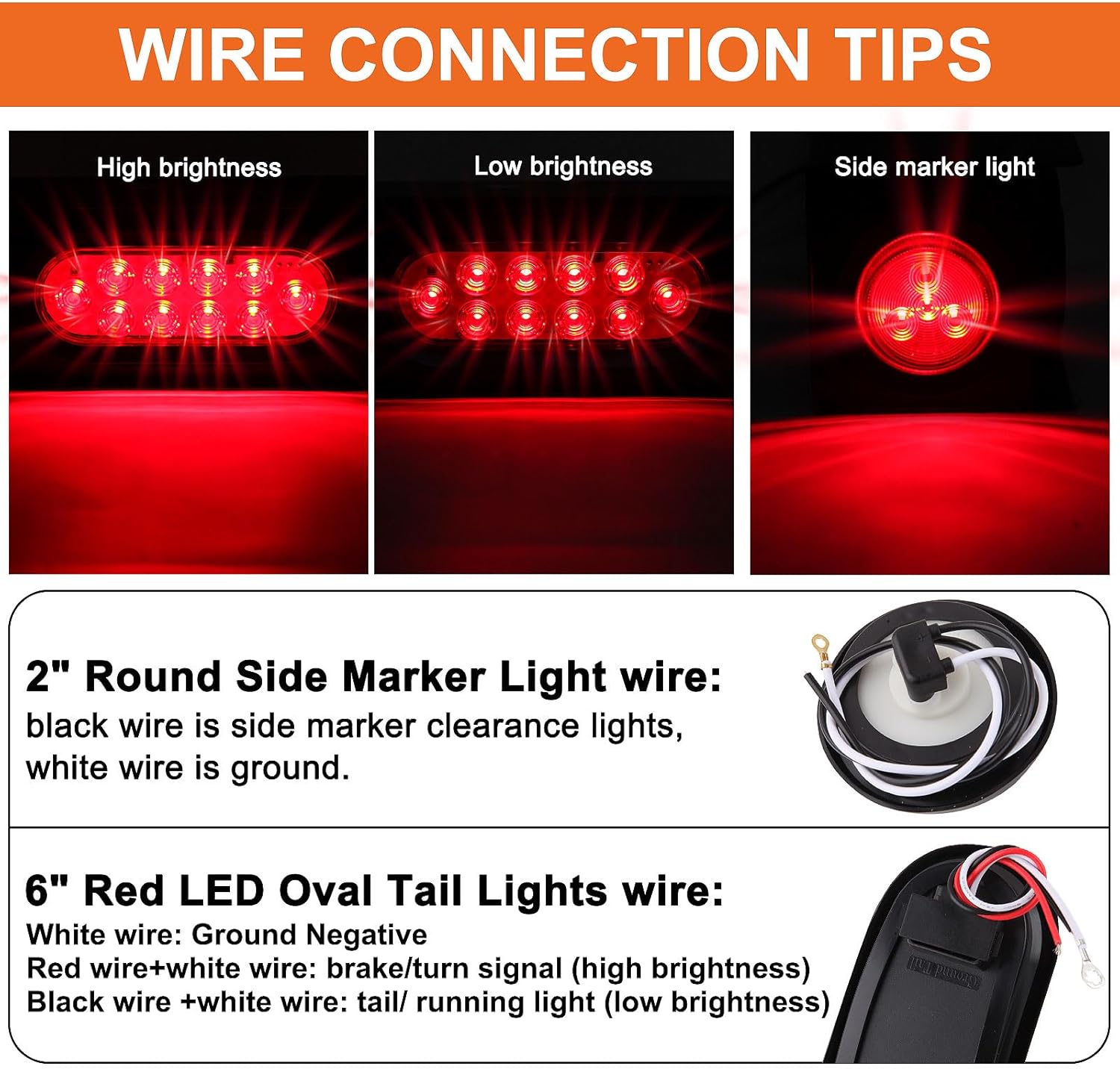 2Pcs Steel Trailer Light Box Housing Kit w/6" Inch Oval Led Trailer Tail Lights Red 10 LED And 2" Inch Round Led Side Markers Clearance Lamps Red 4 Led w/Grommets And Wire Connectors