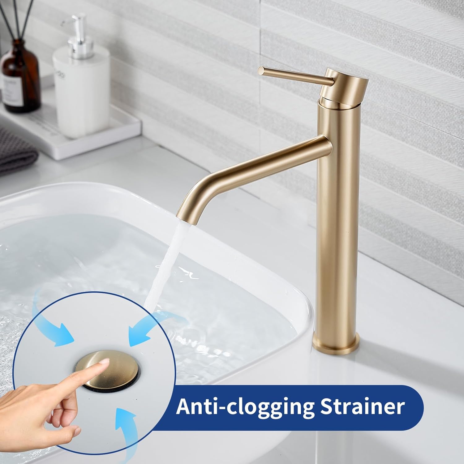 Bathroom Vessel Faucet One Hole Brushed Gold, 11.14 inch Tall Single Handle Bwol Sink Faucet Stainless Steel with Pop Up Drain Lavatory Mixer Tap Water Supply Hose Guest Bath Kit Luxury Stylish