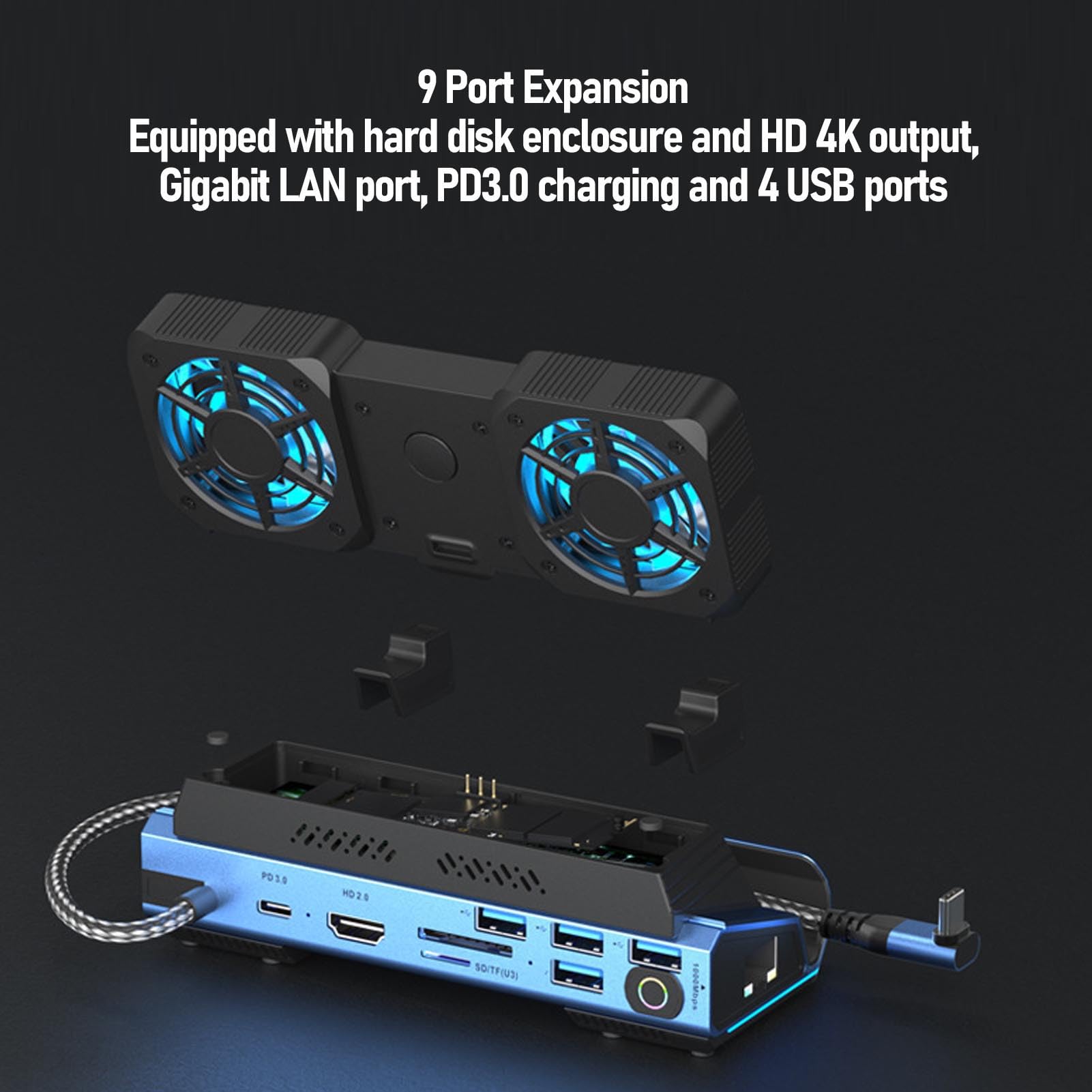9 en 1 Estación de Acoplamiento para la Cubierta de Vapor, Rog Ally X, Legion Go, HDMI 4K@60Hz, 1 Gbps Ethernet, 4 Puertos USB. Cargo por PD de 100W, con Ventilador
