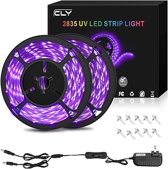 CLY 33ft LED UV Black Light Strip Kit, 600 Units UV Lamp Beads, 12V Flexible Blacklight Fixtures, 2835 UV LED Strip Light for Indoor Christmas Decor Fluorescent Dance Glow Party Stage Lighting