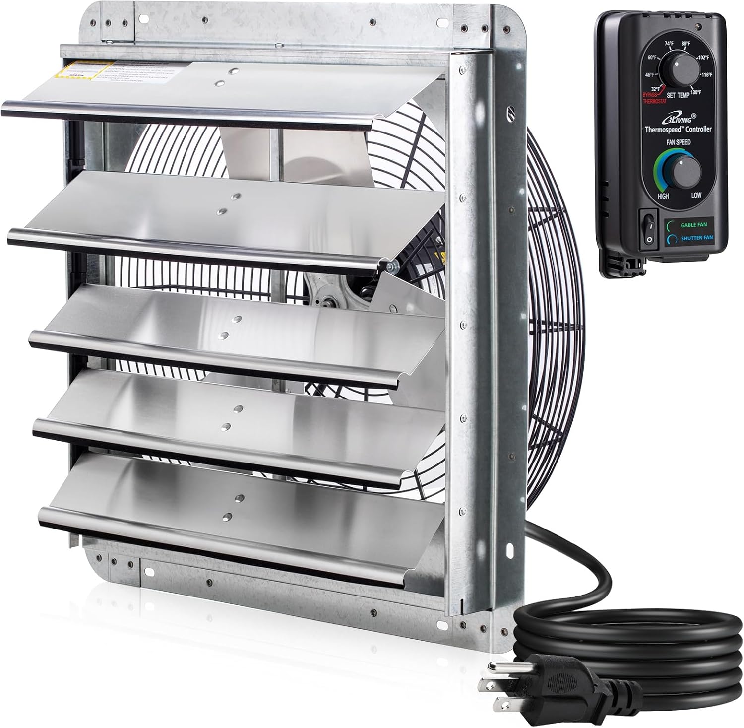 iLIVING ILG8SF18V-ST 18" Wall Mount Shutter Exhaust Fan w/ Thermostat, Variable Speed, 1736 CFM, 2600 Sq Ft Coverage - Silver