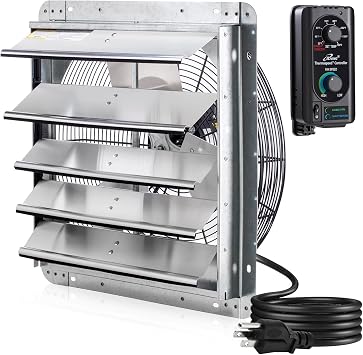 iLIVING 18" Wall Mounted Shutter Exhaust Fan, Automatic Shutter, with Thermostat and Variable Speed controller, 0.85A, 1736 CFM, 2600 SQF Coverage Area Silver ILG8SF18V-ST