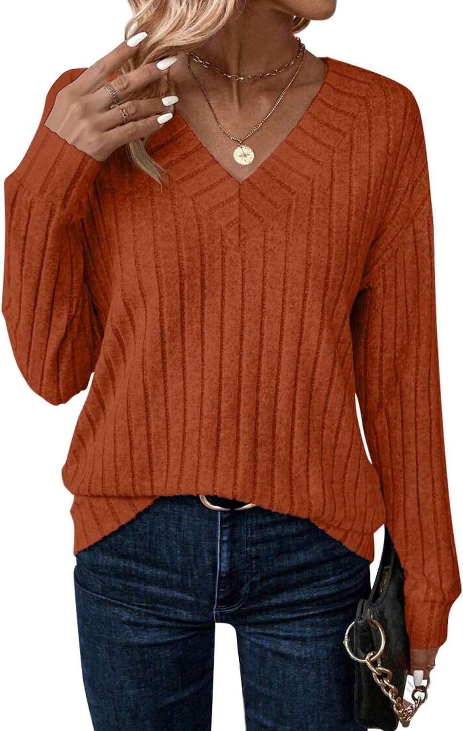 JUSTFASHIONNOW Long Sleeve V Neck Shirts for Women Fall Tops Lightweight Sweaters Dressy Casual Tunic Tops 2025 Outfits