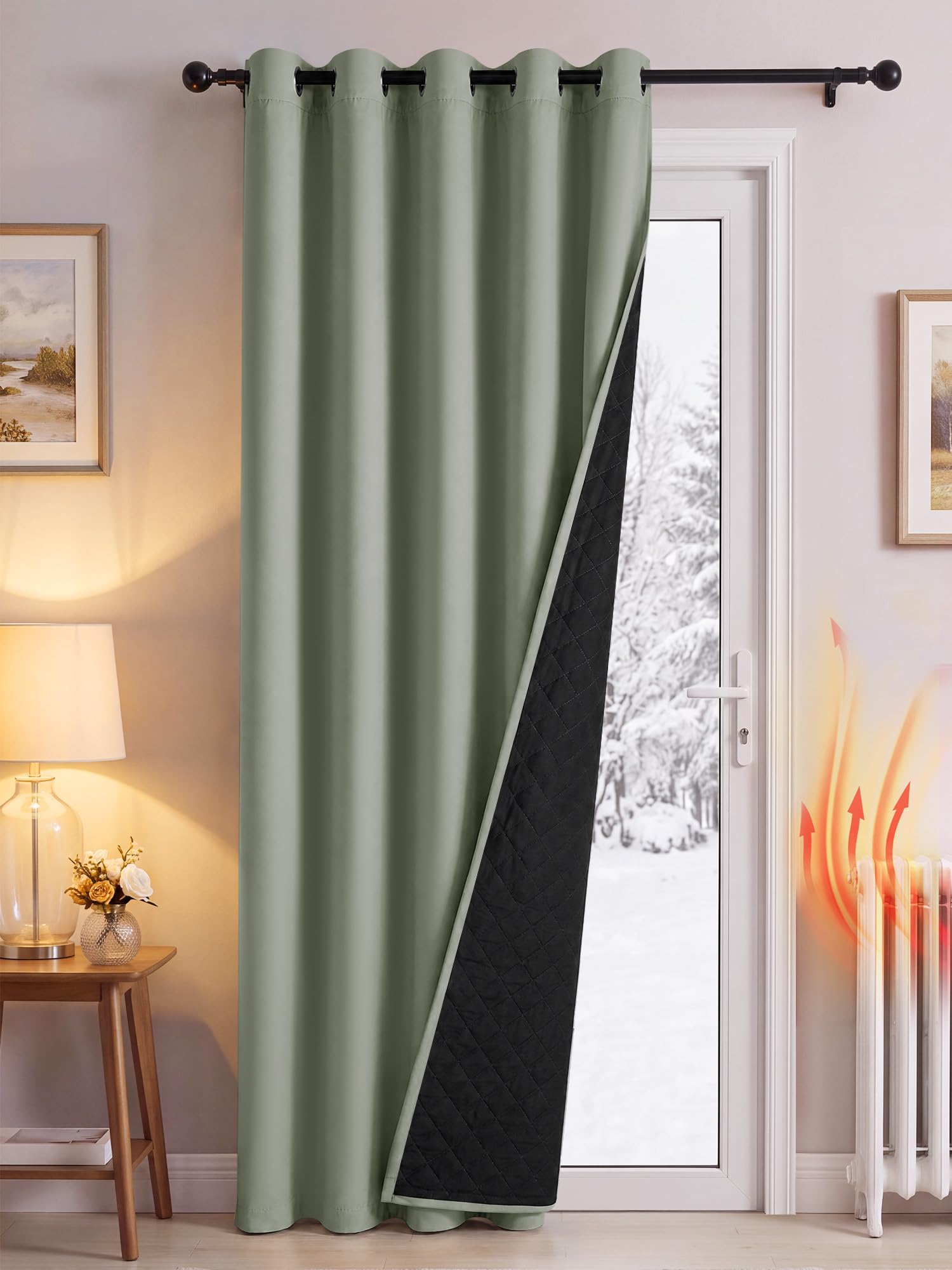 PONY DANCE Thermal Door Curtain with Quilted Lining, Sage Green, 60x90